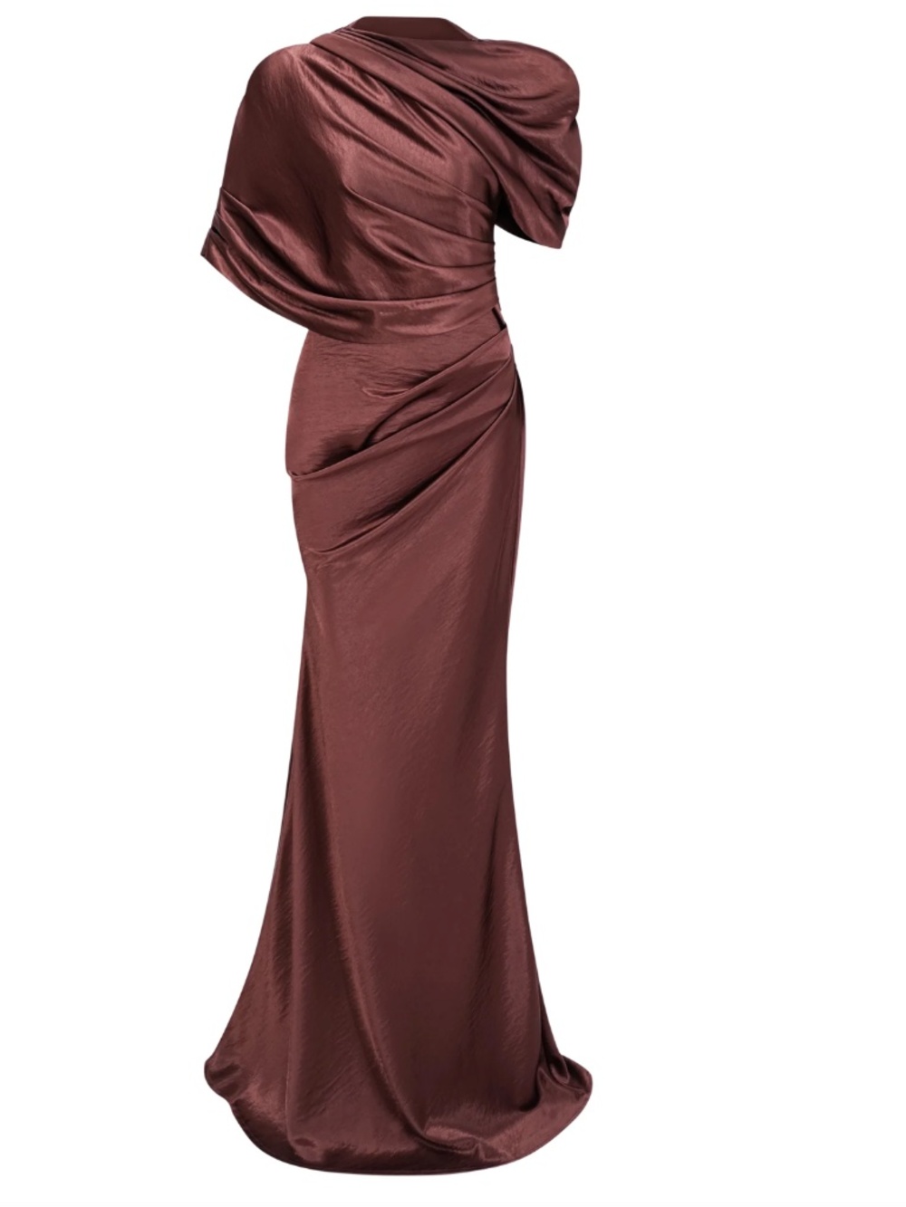 Luisa Brown Asymmetrical Gathered Satin Maxi Dress - Picture 2 of 3